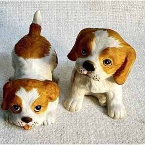VTG Homco 1980’s Pair Of Ceramic White And Brown King Charles Spaniel Figurines